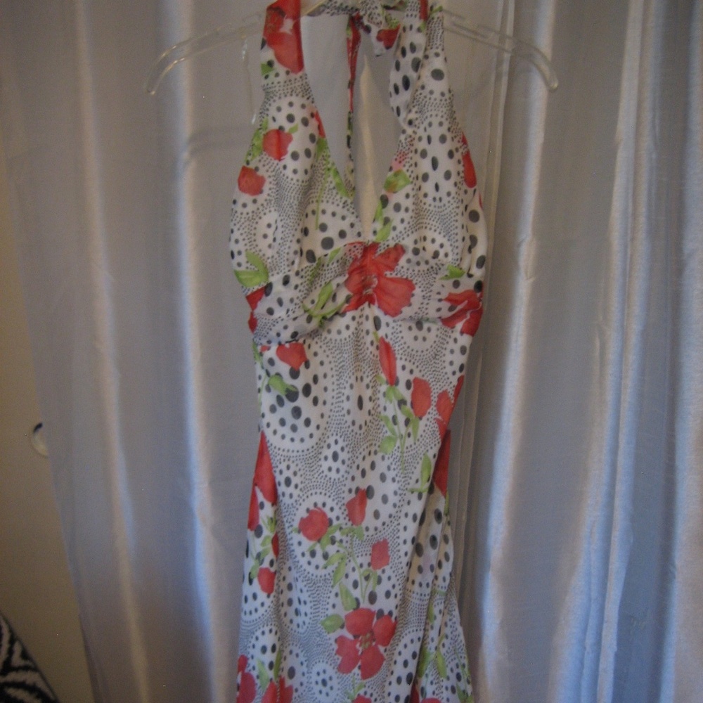 Sanjoy Floral & Polka Dot Halter Dress White/Black/Red Sz L 100% Polyester NWNT